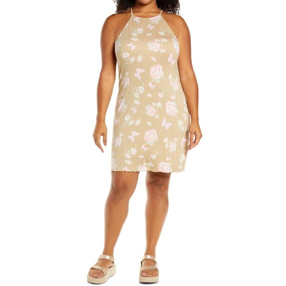 BP Womens Sz XS Sleeveless Knit Dress in Beige Anna Floral Butterfly Lettuce Hem